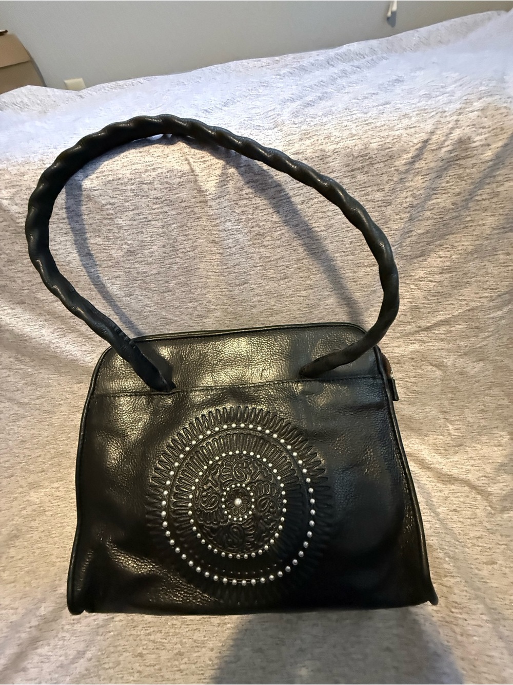 Patricia Nash Black Embossed Circle Detail Leather Shoulder Bag
